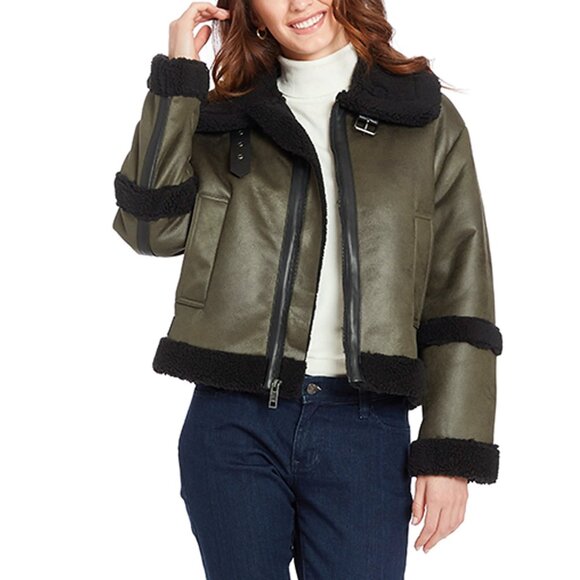 NEW Frye Women Water Resistant Faux Leather & Faux Shearling Aviator Jacket Coat - Picture 1 of 16